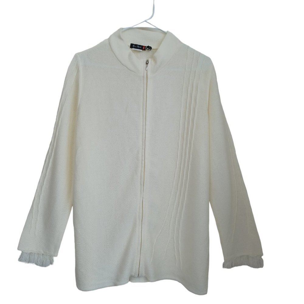 Roni Rabl Sweater Full Zip Ivory Cardigan Fringe Detail Womens size Medium